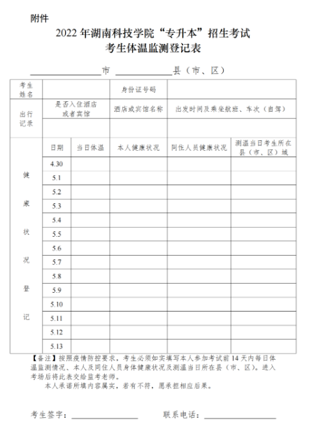 2022年湖南科技学院“专升本”招生考试 考生体温监测登记表