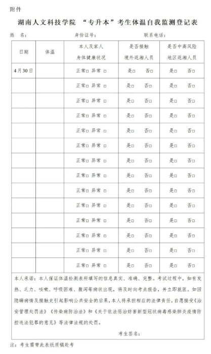 湖南人文科技学院“专升本”考生体温自我监测登记表